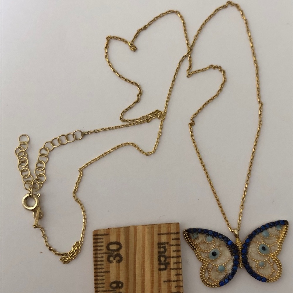 925 Silver butterfly necklace white blue evileye 18k yellow gold plated - Picture 2 of 3